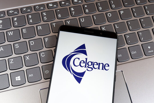 
Toronto, Canada - January 31, 2021: Celgene
 logo on smartphone screen on keyboard. Celgene Corporation is an American pharmaceutical company 
