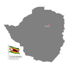 Silhouette of Zimbabwe country map. Gray detailed editable map with waving national flag and Harare city capital, Eastern Africa country territory borders vector illustration on white background