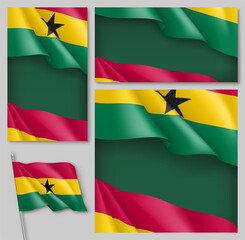 National waving flag of Ghana backdrops collection. African country flag backdrop can be used for celebrating national festival, Independence or Republic Day realistic vector illustration