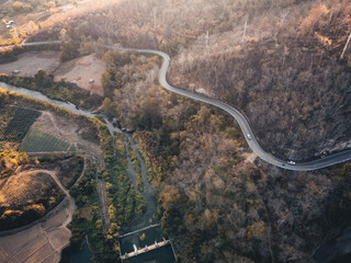 The road and trees in the evening from above,summer travel
