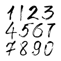 Set of calligraphic numbers painted by black brush on isolated white background. Lettering for your design.