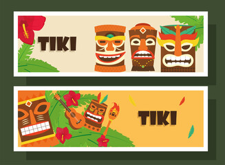 Hawaiian tiki cartoons labels vector design