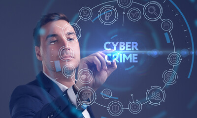 Business, Technology, Internet and network concept. Young businessman working on a virtual screen of the future and sees the inscription: Cyber crime