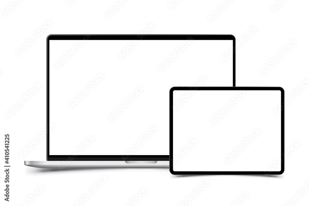 Poster mock-up of realistic laptop with tablet. front side with screen isolated on white background with sh