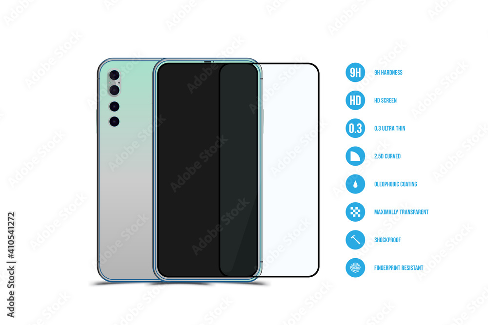Poster screen protector glass with mock-up of realistic smartphones. front side with screen and back side w