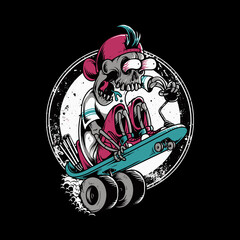 Skeleton skateboarding horror graphic illustration vector art t-shirt design