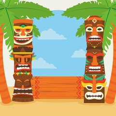 Hawaiian tiki cartoons with palm trees and clouds vector design