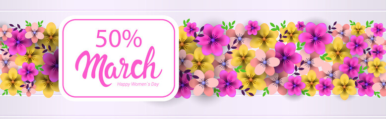 womens day 8 march holiday celebration concept sale banner greeting card poster or flyer with flowers horizontal vector illustration