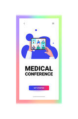 doctor discussing with mix race colleagues during video call on tablet screen medical conference online communication concept vertical portrait vector illustration
