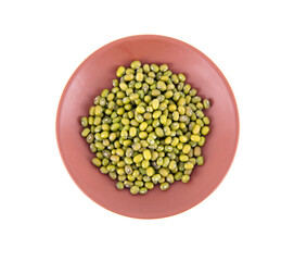 A bowl of newly harvested mung beans on a white background