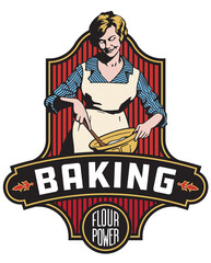 Vintage style baking badge or emblem with the phrase flour power. Features retro vector drawing of baker mixing ingredients in a bowl with a wooden spoon.