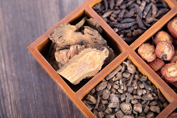 Looking down at all kinds of traditional Chinese medicine in wooden box
