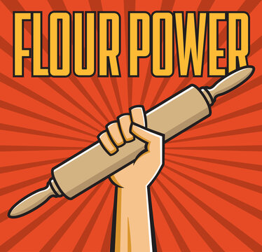 Flour power vector badge or emblem of fist holding rolling pin in the style of Russian constructivist propaganda posters.