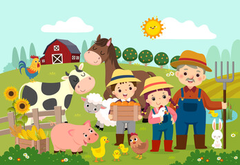 Vector illustration cartoon of happy farmer and kids with farm animals on the farm. - 410544847