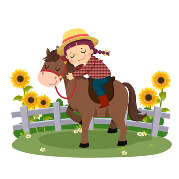 Vector illustration cartoon of happy boy riding and hugging her horse.