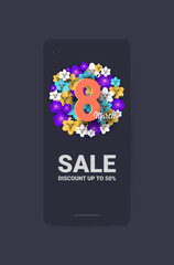 elegant eight number womens day 8 march holiday celebration sale banner flyer or greeting card with flowers vertical vector illustration