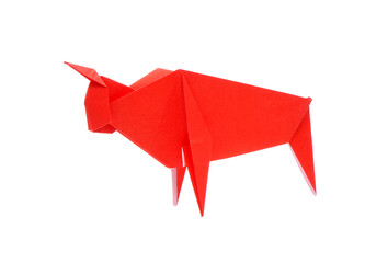 Origami cow isolated on white background. Red cow, ox, Chinese zodiac