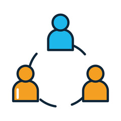 Arrow connections link people in a social media network friendship circle, line and fill style