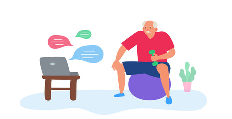 senior man doing exercise with dumbbell at home watching laptop online training vector illustration