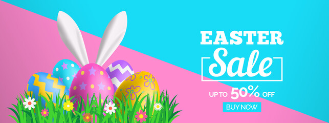 easter sale banner design with decorative eggs green grass bunny ears vector illustration - 410547204