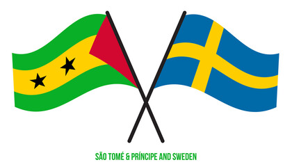 Sao Tome and Sweden Flags Crossed And Waving Flat Style. Official Proportion. Correct Colors.
