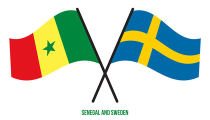 Senegal and Sweden Flags Crossed And Waving Flat Style. Official Proportion. Correct Colors.
