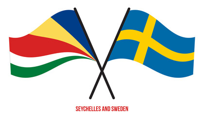 Seychelles and Sweden Flags Crossed And Waving Flat Style. Official Proportion. Correct Colors.