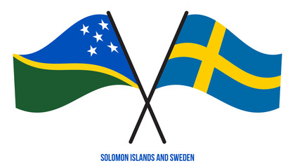 Solomon Islands and Sweden Flags Crossed And Waving Flat Style. Official Proportion. Correct Colors.