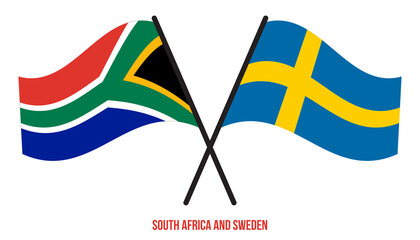South Africa and Sweden Flags Crossed And Waving Flat Style. Official Proportion. Correct Colors.