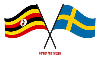 Uganda and Sweden Flags Crossed And Waving Flat Style. Official Proportion. Correct Colors.