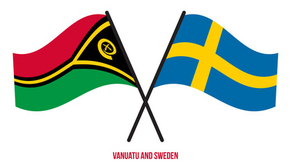 Vanuatu and Sweden Flags Crossed And Waving Flat Style. Official Proportion. Correct Colors.