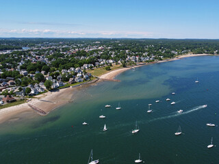 Aerial view of Sandy Point at Danvers River mouth to Salem Harbor in city of Beverly, Massachusetts MA, USA. 