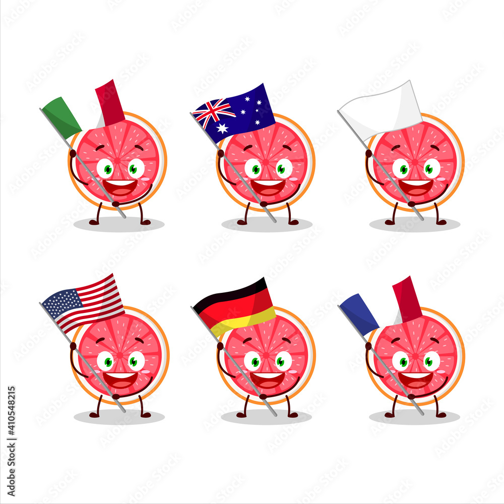 Sticker Slice of grapefruit cartoon character bring the flags of various countries