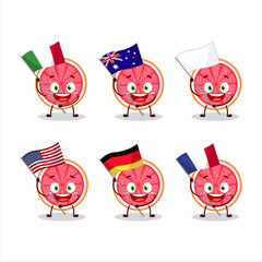 Slice of grapefruit cartoon character bring the flags of various countries