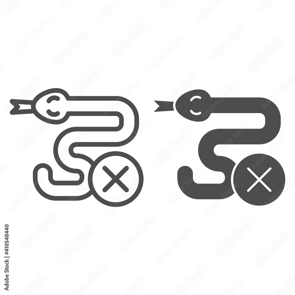 Poster snake and ban button line and solid icon, pest control concept, no snakes ban sign on white backgrou