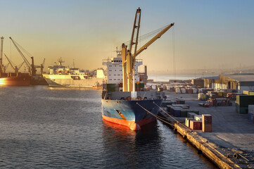 Dry cargo ship loading in Suez port/Egypt - 410548433
