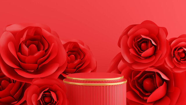 3d render of red podium with rose for product display