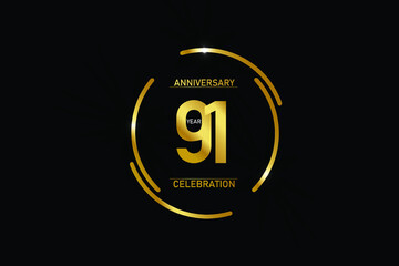 Obraz premium 91 year anniversary celebration logotype. anniversary logo with circle golden and Spark light white color isolated on black background - vector