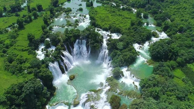 Aerial shot of the splendid view of Ban Gioc&ndash;Detian Falls in Guangxi, China