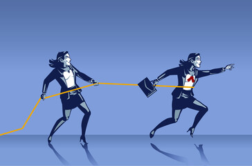 Business Woman Stop Colleague from Moving Forward with Rope Blue Collar Illustration Concept