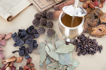 All kinds of traditional Chinese medicine and pestle on the table