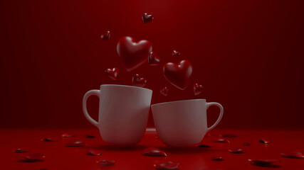 3D rendering, Red hearts frying from two white coffee cups on red background