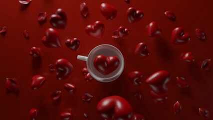 Red heart in white cup and red heart frying around the cup in red background, 3d rendering
