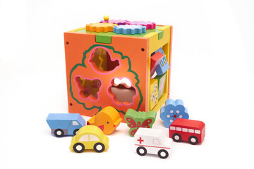 wooden sensory cube for toddlers with toy cars. montessori wooden play set.