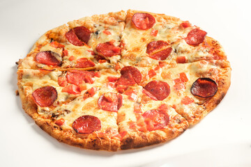 Pepperoni pizza isolated on white background. Italian food concept. Appetizing pizza.