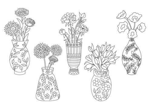 Set of vases with flowers isolated on white background. Ceramic vase cillection. Outline drawing. Line art.