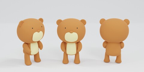 Plasticine statue of brow bear character In front, side and back view on white background.3d rendered illustration. cute animal and minimal style.isolated.doll,toy,kids.