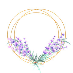 Lavender flowers in a round gold frame. Hand-drawn watercolor illustration. For invitations, greeting cards, prints, posters, advertising.