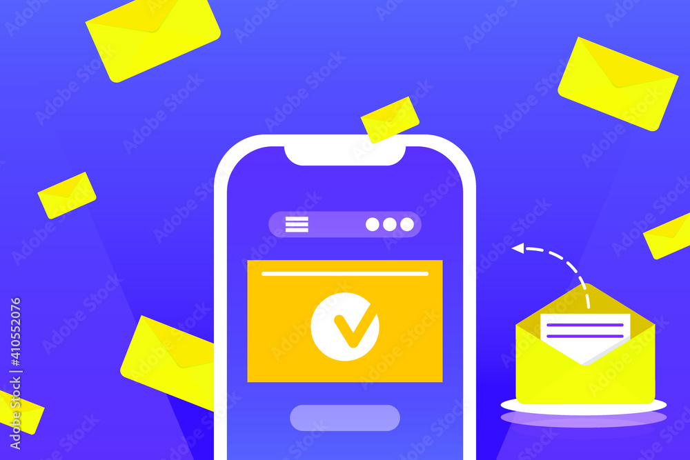 Poster email with sent confirmation of action. inbox letter in flat style vector illustration. modern banne
