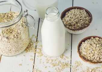Vegan oat milk, non dairy alternative milk in a glass close up